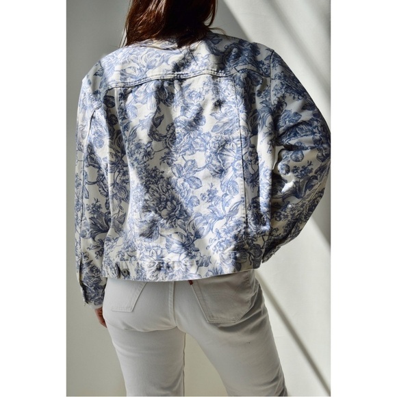 EDDIE Bauer Vintage 90s Wedgewood Floral Rigid Denim Jacket Large - Picture 2 of 10